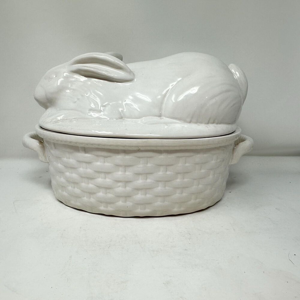Vintage Bordallo Pinheiro Rabbit Tureen Pier 1 White Ceramic Casserole Portugal